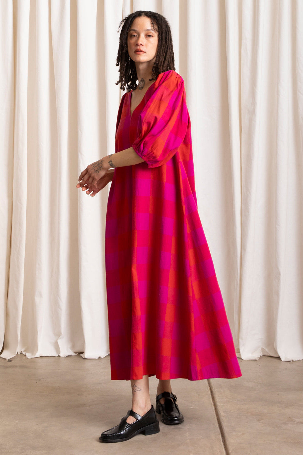 Double V-Neck Maxi Dress, Poppy/Pink Plaid