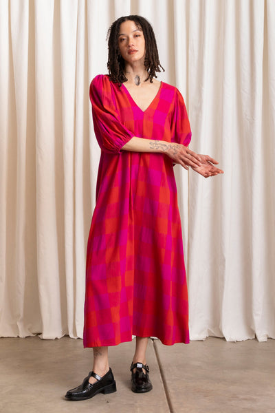 Double V-Neck Maxi Dress, Poppy/Pink Plaid