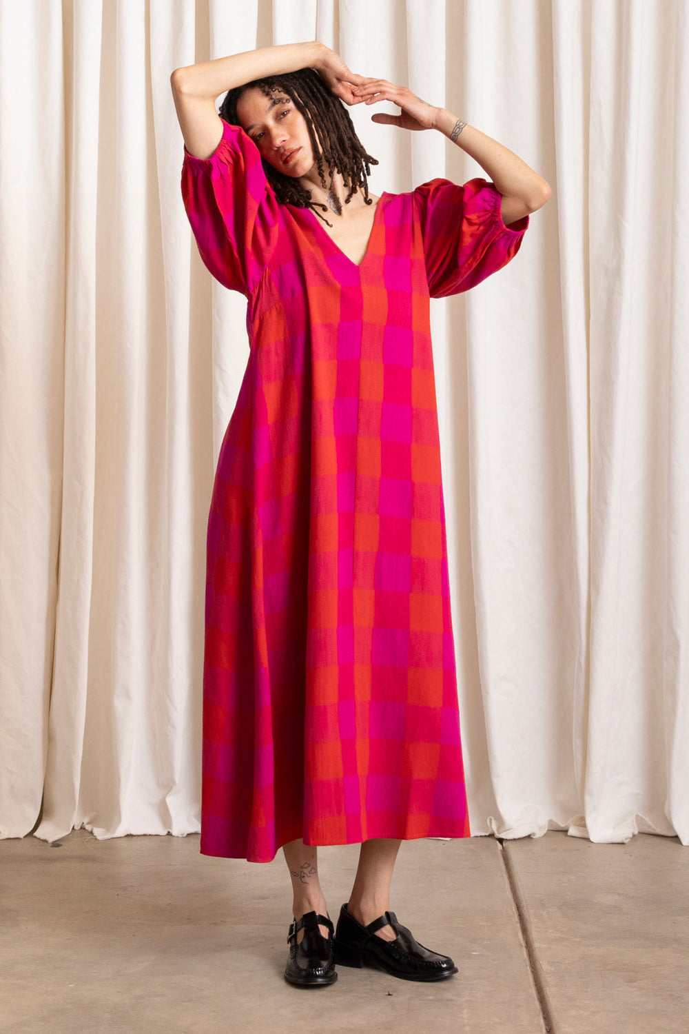 Double V-Neck Maxi Dress, Poppy/Pink Plaid