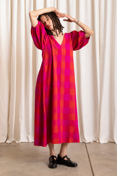 Double V-Neck Maxi Dress, Poppy/Pink Plaid