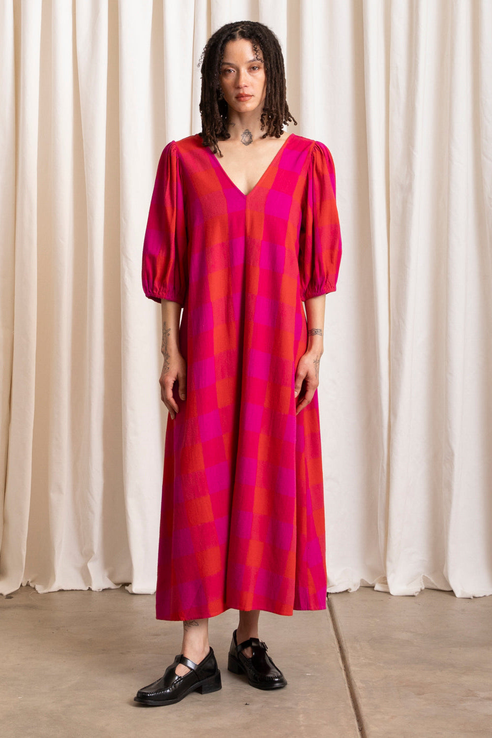 Double V-Neck Maxi Dress, Poppy/Pink Plaid