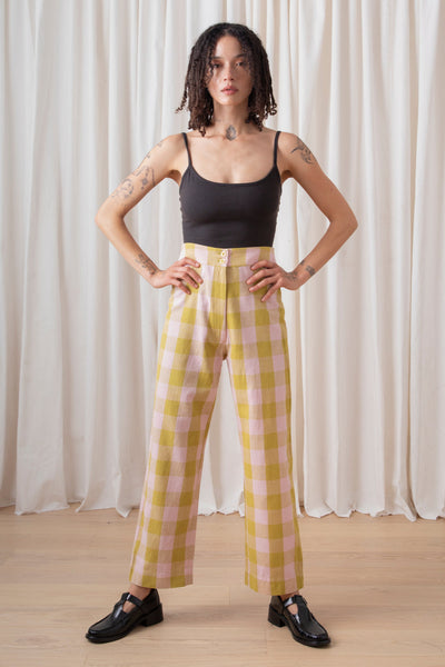 Raw Silk Fly-Front Pant, Chartreuse Pink