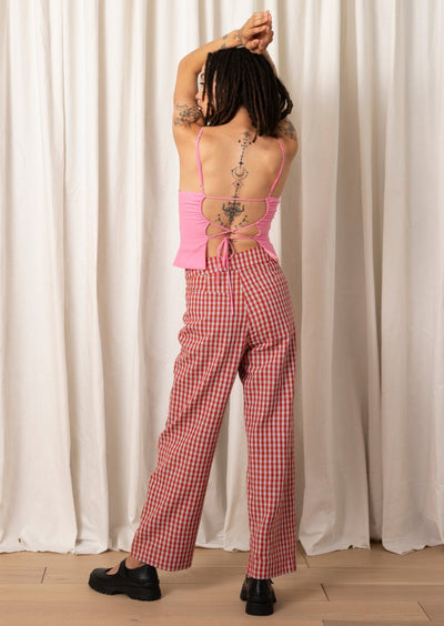 Raw Silk Fly-Front Pant, Poppy Ice Gingham