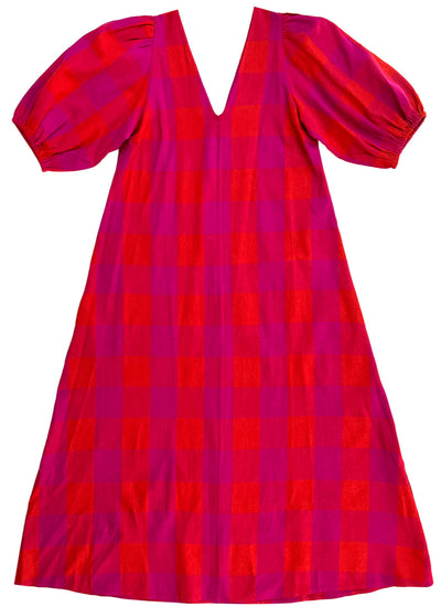 Double V-Neck Maxi Dress, Poppy/Pink Plaid
