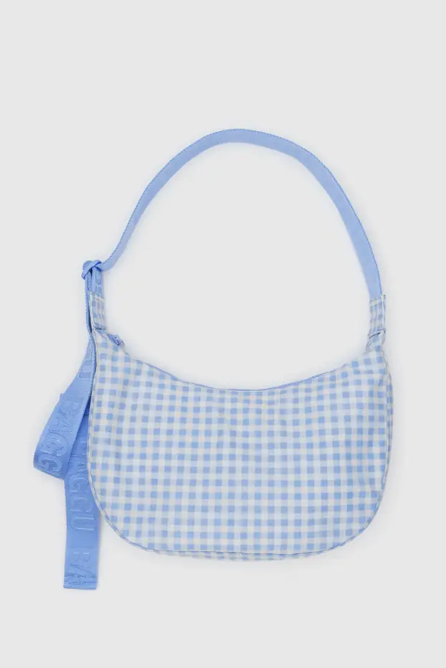 Medium Crescent Bag, Light Blue Gingham