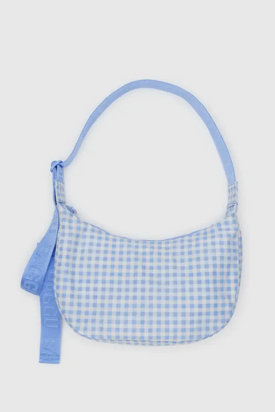 Medium Crescent Bag, Light Blue Gingham