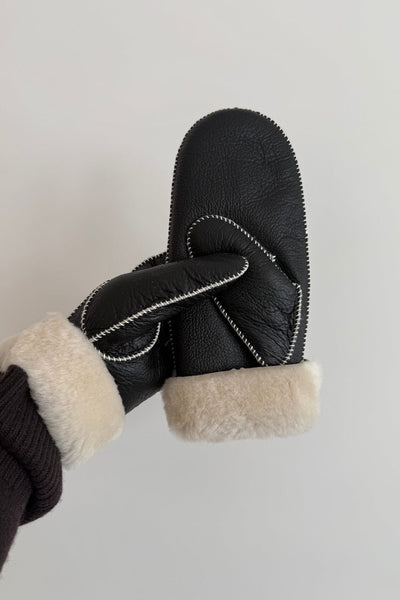 Shearling Mittens, Black & White Stitch