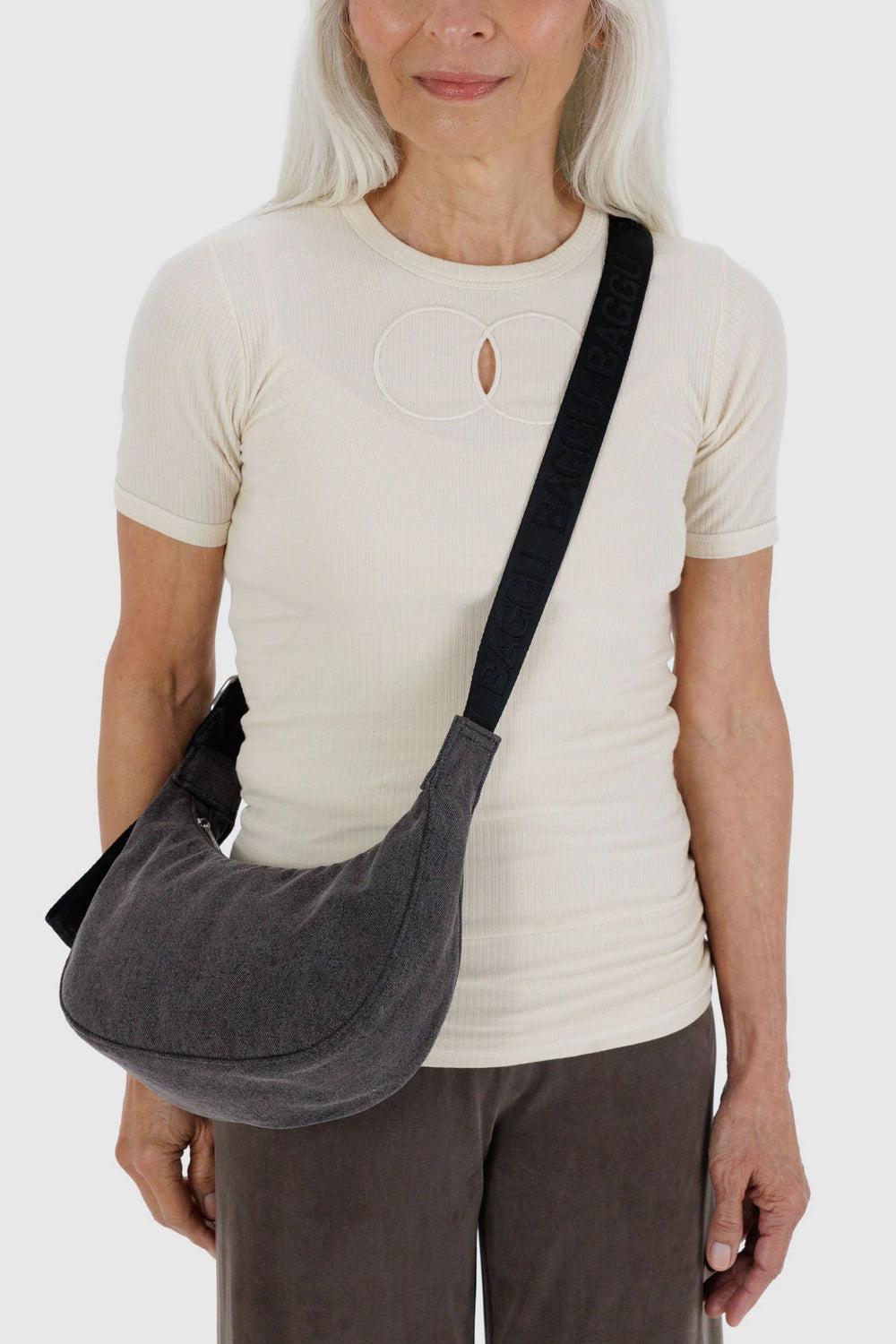 Small Denim Crescent Bag, Washed Black