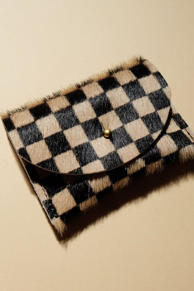 Cowhide Card Holder, Tan Checks