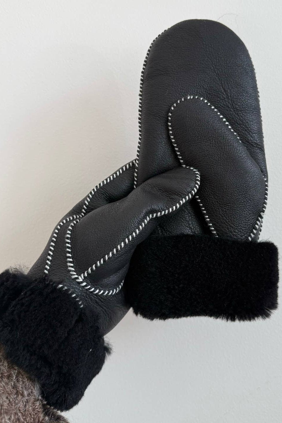 Shearling Mittens, Black & White Stitch