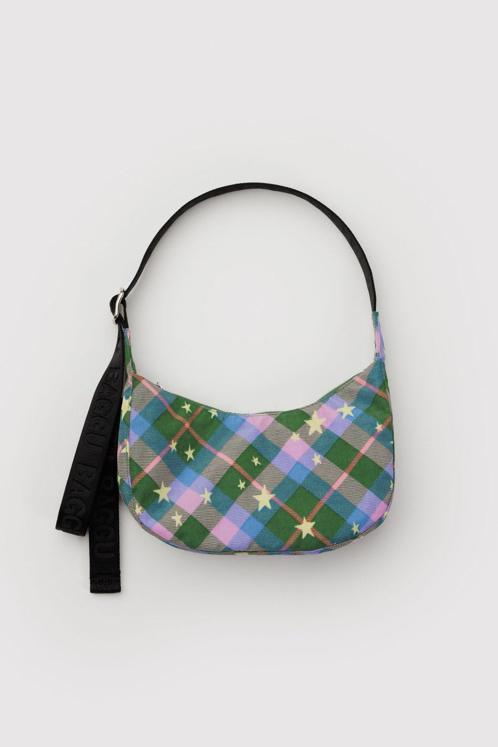 Small Nylon Crescent Bag, Green Star Plaid