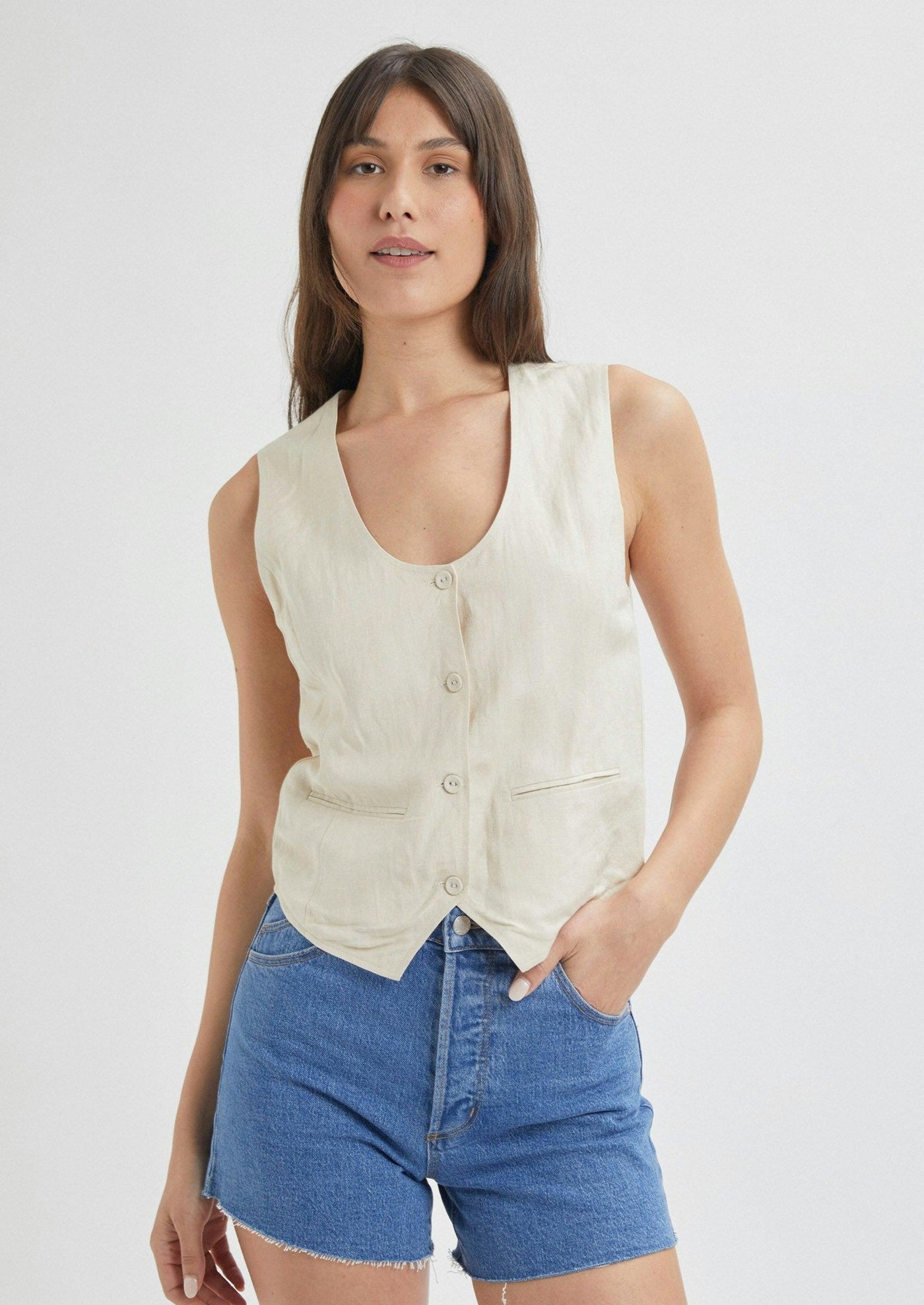 Soho Linen Vest, Biscuit