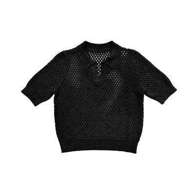 Open Knit Collared Top, Black